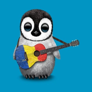 Baby Penguin Playing Romanian Flag Guitar T-Shirt