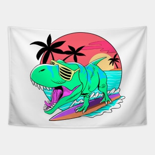 Dino surfing retro art Tapestry