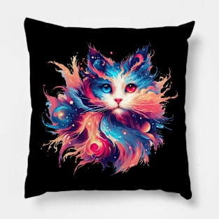 Cute Colorful Cosmic Cat in Stars Pillow