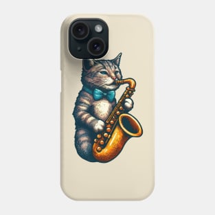 tabby cat playing saxophone Phone Case