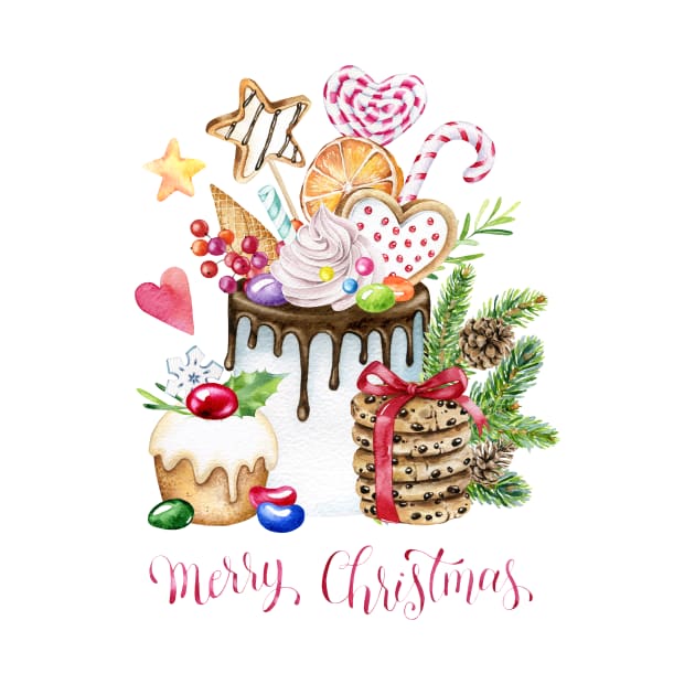 Watercolor Christmas Cake by Simple Wishes Art