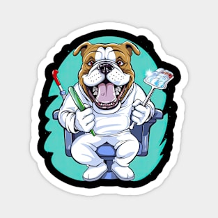 a Dentist English Bulldog wearing a white coat, holding a toothbrush in one paw and a dental mirror Magnet