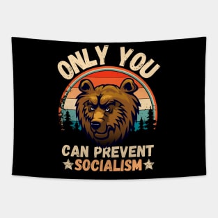 Only You Can Prevent Socialism, Retro Vintage Style Funny Camping Bear Tapestry