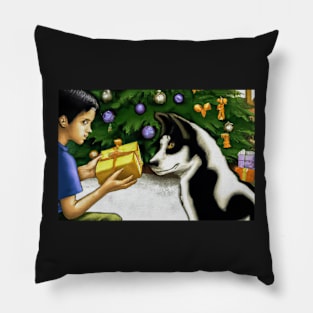 Boy and His Dog Opening Christmas Presents - Greeting Card Pillow