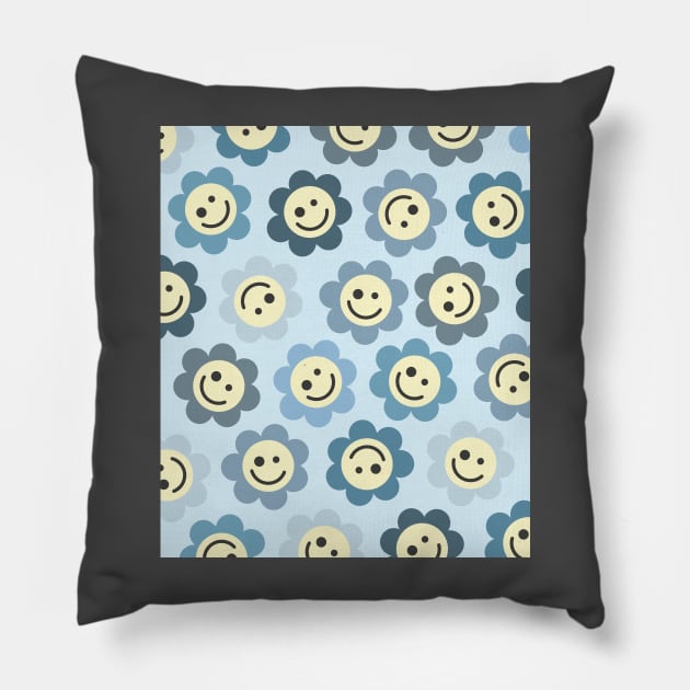Blue Flower Happy Faces Pillow by gray-cat