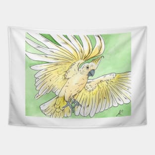 watercolor flying sulphur crested cockatoo hug with lineart Tapestry
