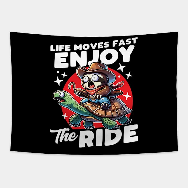 Cowboy Sloth Riding a Turtle Enjoy the Ride Tapestry by DetourShirts