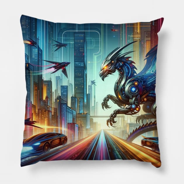 Cyber Wyvern: Velocity Over the Neon Nexus Pillow by ElectricPeacock