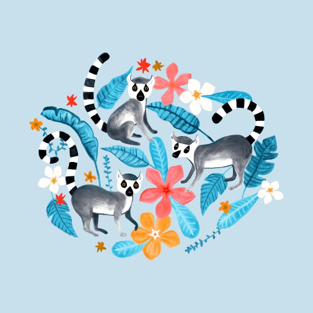 Gouache Lemurs on Blue by TigaTiga