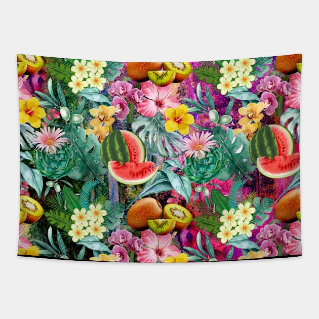 Vibrant tropical leaves pattern, watermelon illustration, tropical plants, colorful tropical fruits Tapestry by Zeinab taha