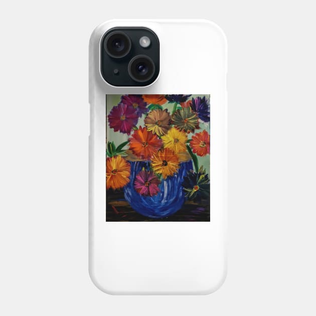 Some abstract vibrant colorful flowers in a glass vase with gold accent on base and top of vase Phone Case by kkartwork