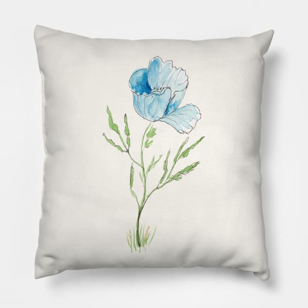 Blue Poppy Sketch in Pen, Ink and Watercolor Pillow by ConniSchaf