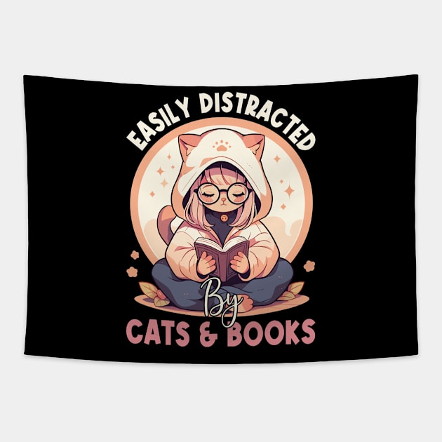 Easily Distracted by Cats and Books Funny Cat Lover Tapestry by Rosemat