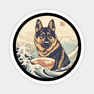German Shepherd Eating Sushi, Great Wave Hokusai Magnet