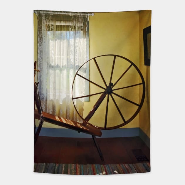 Knitting - Large Spinning Wheel Near Lace Curtain Tapestry by SusanSavad