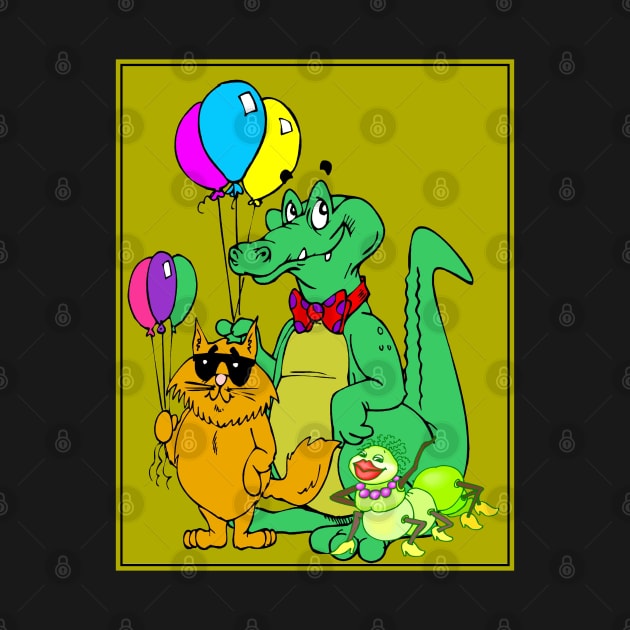 Cartoon Fantasy Abstract Alligator, Cat and Caterpillar Animal Print by posterbobs