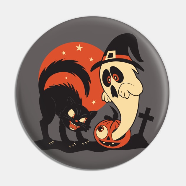 Vintage Halloween Cat and Ghost Scene Pin by Kappacino Creations