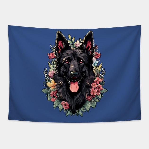 Black German Shepherd Dog Flowers Tapestry by Psitta