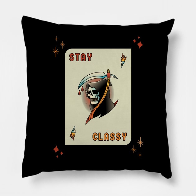 Stay Classy Grim Reaper Tattoo Design Pillow by Tip Top Tee's