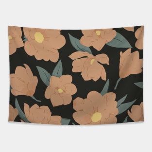 Warm peachy magnolias pattern on dark Tapestry