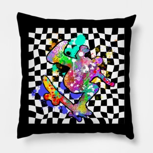 Skateboarder on Checkered Background Pillow