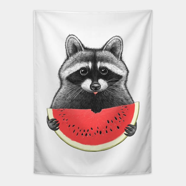 Raccoon eating watermelon Tapestry by NikKor