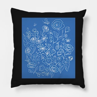 Spring Garden Doodle (Blue Background) Pillow