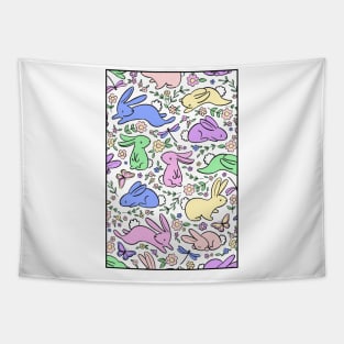 Neon Pastel Bunny Rabbits with Spring Flora Tapestry