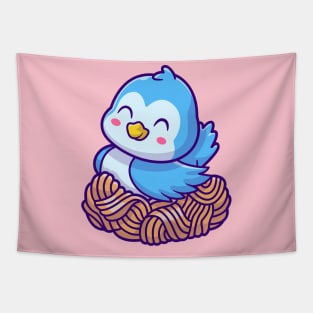 Cute Bird Sitting In Nest Cartoon Tapestry