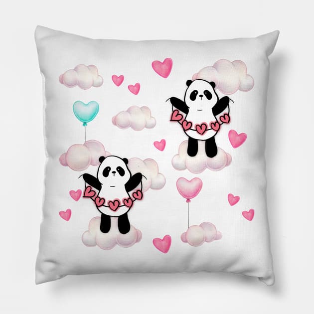 Panda Hearts in A Cloudy Sky Pattern | Cute Gift for Panda Lovers Pillow by mschubbybunny