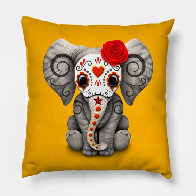 Red Day of the Dead Sugar Skull Baby Elephant Pillow by jeffbartels