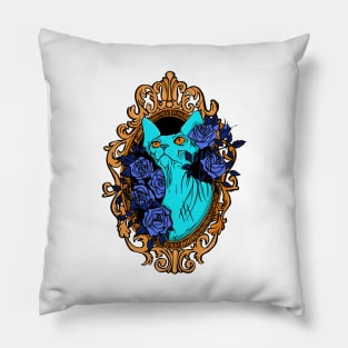 Neon Blue Sphynx Cat Surrounded by Roses and Baroque Frame - Royal Blue Pet Portrait - Hairless Kitty Pillow