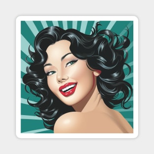 Illustration - Bright Vector Art with a Beautiful Brunette Girl, Red Lipstick, Retro Background, and Radiant Rays Magnet