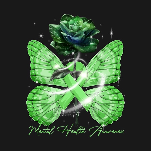 Mental Health Awareness Rose Butterfly Green Ribbon by DeforestSusanArt