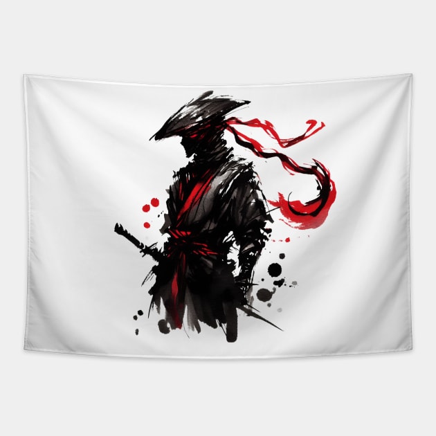 Crimson Shadow: Ink Wash Ninja Tapestry by T-Shirt Paradise