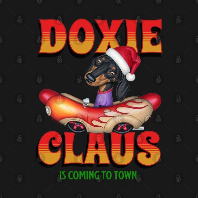 Cute Doxie Dog in classic car on  Claus Dachshund is coming to Town by Danny Gordon Art