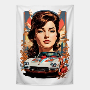 Sport Car Woman Poster retro vintage floral design Tapestry