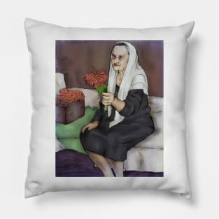 An elderly woman with a bouquet of flowers Pillow