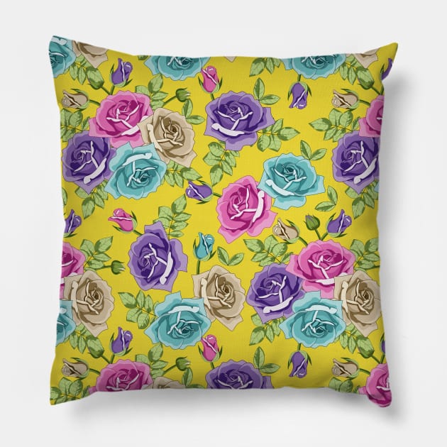 Botanical Roses Seamless Pattern On Yellow Background Pillow by Designoholic