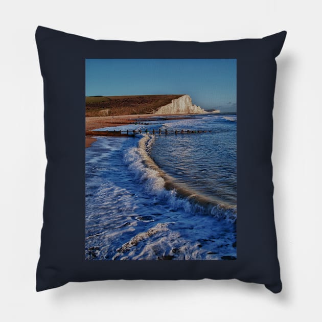 The Seven Sisters from the beach, East Sussex Pillow by Avalinart