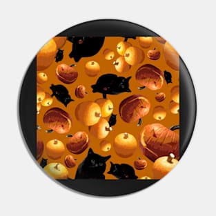 Black Cat and Pumpkins Tossed on Dark Orange Repeat 5748 Pin