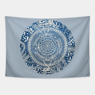 Diamond and Doodle Mandala On Blue Tapestry