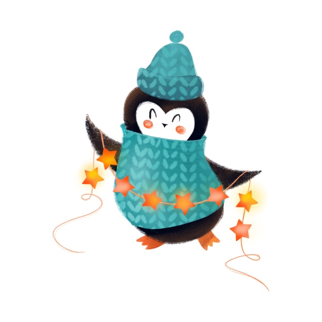 Penguin and Christmas lights by Elena Amo