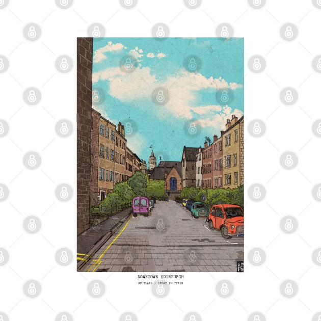 Edinburgh Downtown Retro Inspired Style Illustration by Wall-Art-Sketch