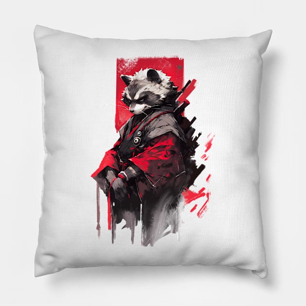 Raccoon samurai warrior Pillow by NemfisArt