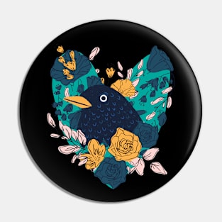 Graceful Blackbird and Flowers Pin