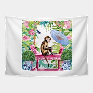 Monkey in chinoiserie garden Tapestry