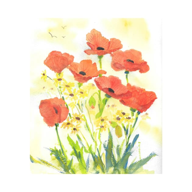 Orange Poppies and Yellow Daisies Watercolor by ROSEANN MESERVE 