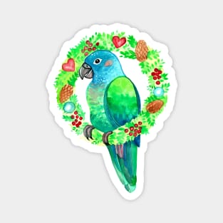 Blue Headed Pionus Parrot Wreath Watercolor Magnet