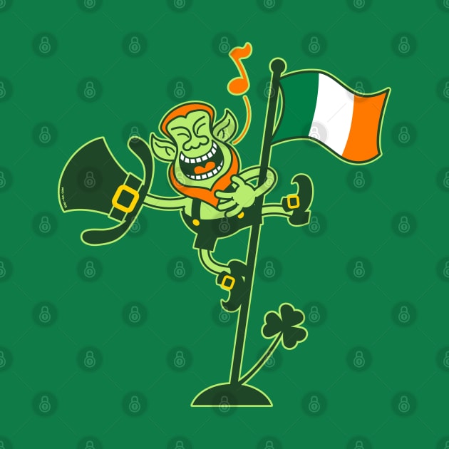 Saint Patrick's Day Leprechaun climbing an Irish flag pole and singing by zooco